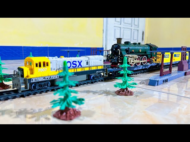ASMR Yellow OSX Locomotive Transporting a Classic Steam Locomotive | Miniature Railway