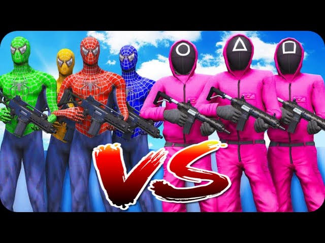 Spider-Man, Green Spiderman, Blue Spiderman, Yellow Spiderman VS Squid Game Army