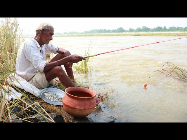 93 Year Old Grandpa's Secret Bait | Catches Giant Fish With Hook In River | Village Fishing