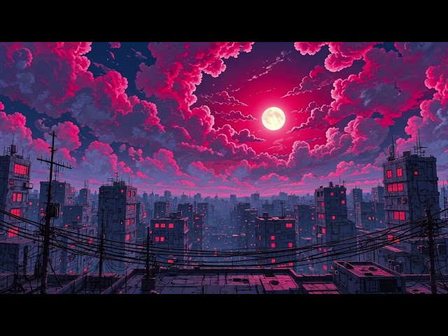 Pink Sky Anime City Moonrise Seamless Loop 4K No Copyright