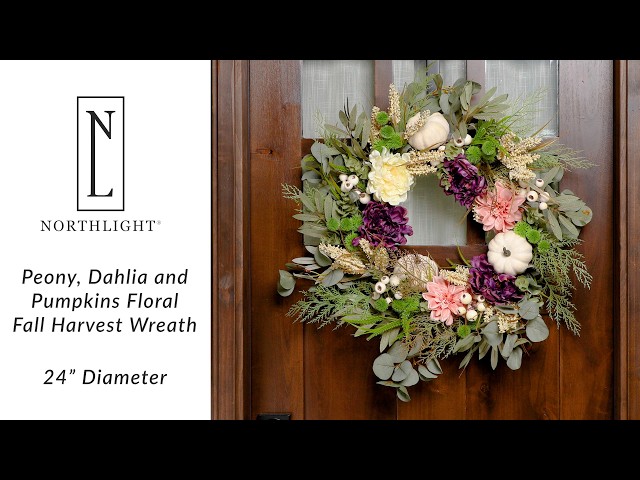 Peony, Dahlia and Pumpkins Artificial Floral Fall Harvest Wreath | Northlight YK93244 | Northlight