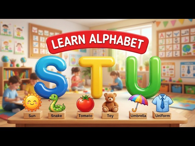 S T U | English Alphabet for Kids | S for Sun & Snake | T for Tomato & Toy | U for Umbrella &Uniform