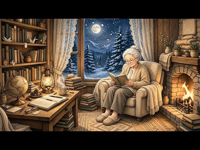 Cozy Winter Night 📖 | Reading by the Fireplace with Vintage Jazz - Snowfall & Moonlight Ambience
