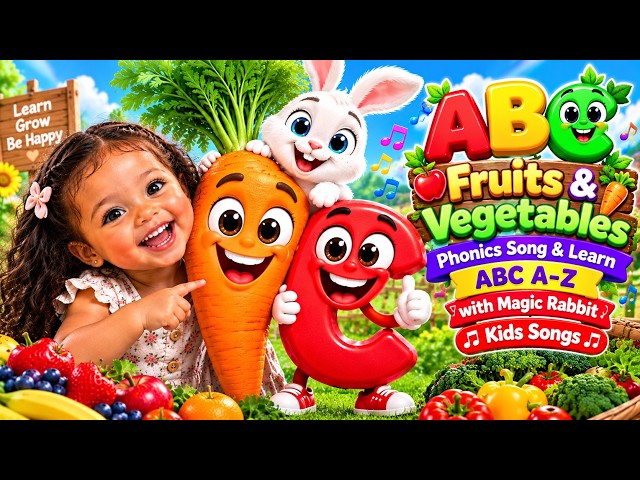 ABC Fruits & Vegetables 🍎🍓 | Phonics Song & Learn ABC A–Z with Magic Rabbit | Kids Songs