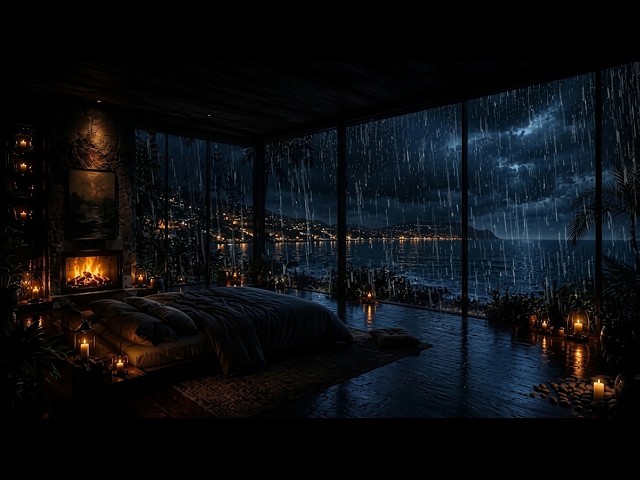 Rain Sounds by Seaside Window (No Ads)⛈️🔥 Thunderstorm for Deep Sleep, Stress & Anxiety Rellef