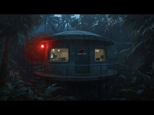 Jurassic Park Control Tower Ambience at Night 🌧️🦖 – Dinosaurs, Heavy Rain & Helicopters🚨