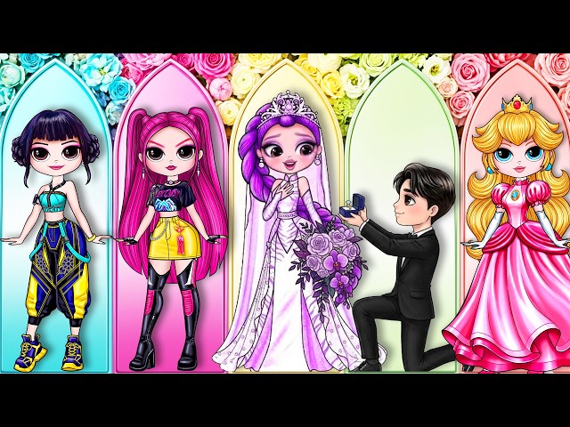 K-Pop Huntrix Rumi, Mira, Zoey and Princess Peach get Wedding Dress up | Paper Fashion DIY