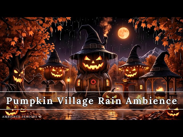 Spooky Pumpkin Village Ambience | Rain, Fireplace & Creaking Sounds | For Study, Sleep & Relaxation