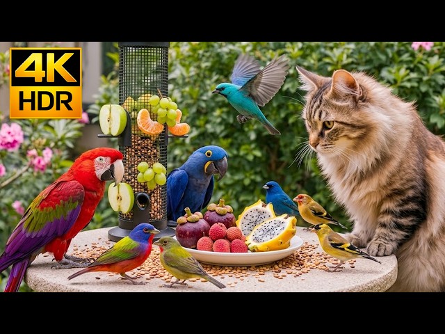 Sunny Cat TV 🌼 Little Birds Searching for Food in a Colorful Backyard🐤Soothing Birds for CAT 4K HDR
