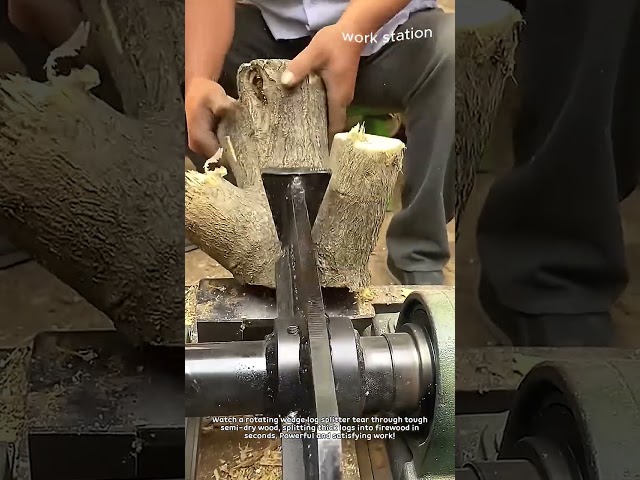 How a Rotating Wedge Splits Semi-Dry Logs #worker #process #firewood #machine #woodworking