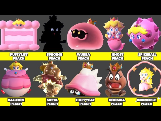 Evolution of Princess Peach Transformation Graphics In Super Mario Bros. Wonder DLC