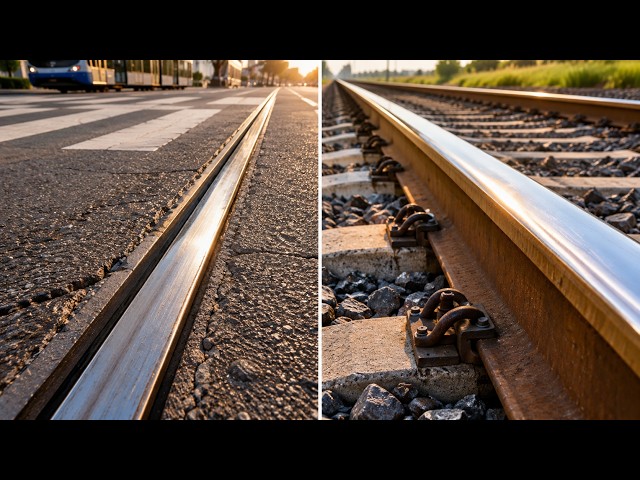 Why are tram tracks embedded in asphalt but train tracks are not?