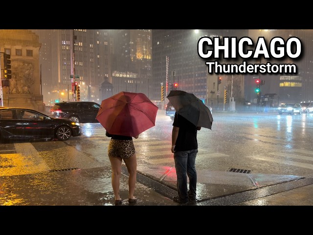 Heavy Rainfall In Chicago ☔️ 4K Rain Walk Thunderstorm And Rainstorm ASMR 4K 60fps