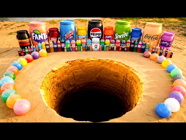 Experiment: Underground Balloons Eruption from Massive Pepsi, Mtn Dew, Fanta, Coca Cola vs Mentos