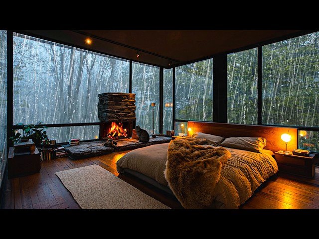 No Ads, Rain Sounds For Sleeping – Gentle Rain Sounds & Warm Fireplace in Cozy Bedroom | Asmr