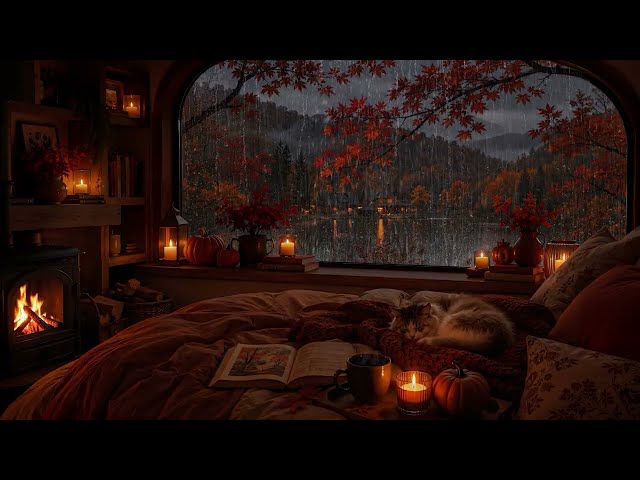 No Ads 🔥🌧️ Cozy Rainy Fall Afternoon | Rain on Window & Crackling Fire for Study, Sleep, Relax