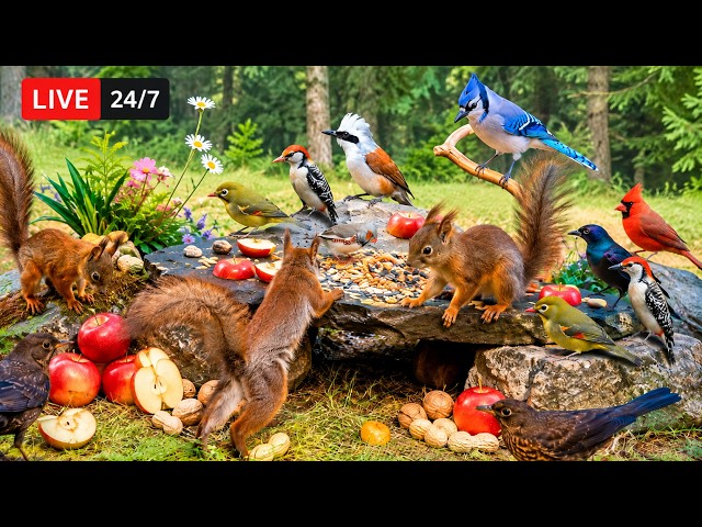 🔴24/7 LIVE CAT TV NO ADS😺  Midsummer Nut Party with Playful and Adorable Colourful Little Birds