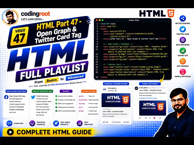 Complete HTML Tutorials for Beginners|Part 47 Open Graph & Twitter Card Tag in HTML|#html#codingroot