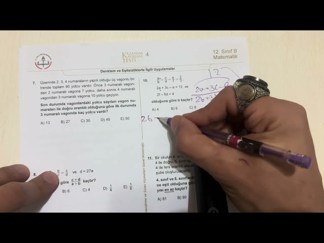 MEB 12.sınıfB(Mezunlar)  MATEMATİK KAZANIM KAVRAMA TESTİ -4 DENKLEM VE EŞİTSİZLİK  UYGULAMA  çözümü