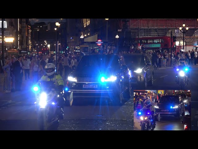 Late-night motorcade for the Prince and Princess of Wales in central London.