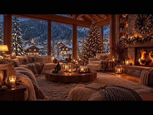 Warm Fireplace & Soft Piano Relaxing Holiday Ambience with Snowfall