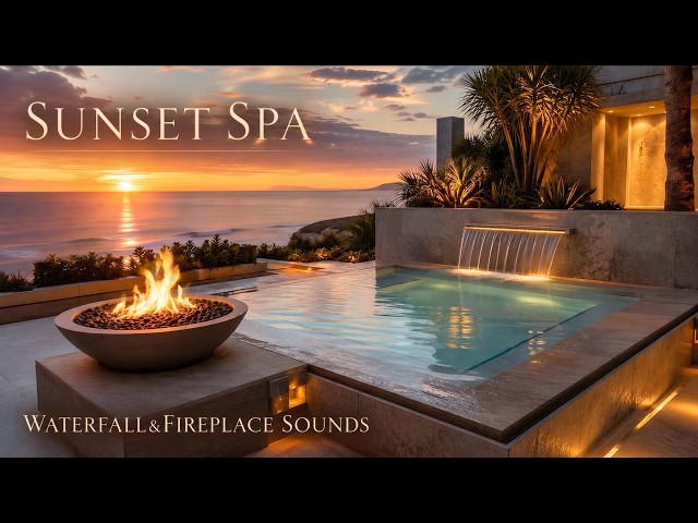 Luxury Spa Sunset 🌅 Oceanfront Waterfall & Firelight for Sleep & Deep Calm