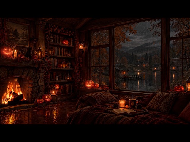 Autumn Rain Falling by Cozy Window Nook🔥🍂Crackling Fire & Thunder For Deep Sleep & Relaxation