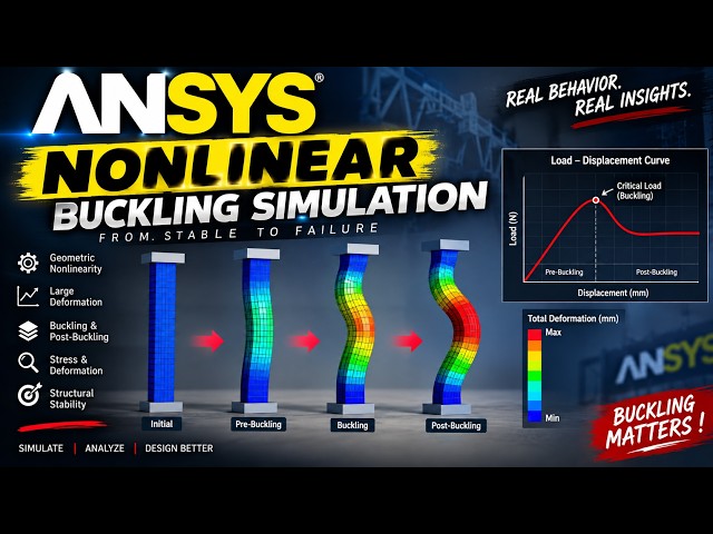 🔩 ANSYS Nonlinear Buckling Simulation | Large Deformation & Post-Buckling Behavior