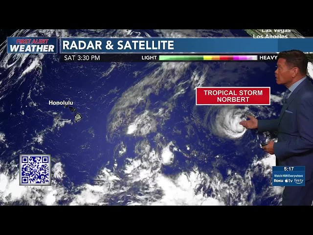 Mostly dry trade wind weather prevails as Tropical Storm Norbert weakens to the east.