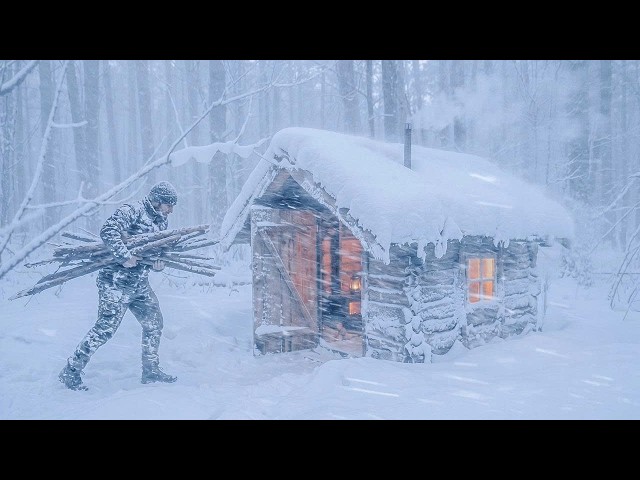 Hiding in a Wooden Cabin from a Heavy SNOWSTORM | Extreme Winter Survival