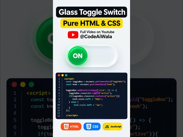 #coding #development CSS Glass Toggle Button 🤯 | HTML CSS UI Design | Modern Switch #java #webdesign