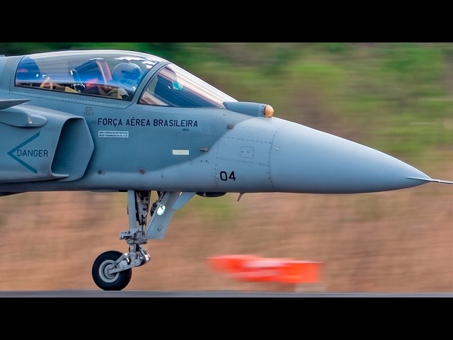 F-39E Gripen Fighter Jet High-Speed Takeoff in Brazil.