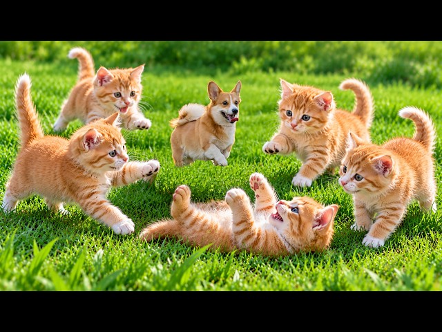 🐱🐶 Tiny Kittens Chase and Play with a Golden Retriever Puppy on Green Grass | Cute Cat Videos