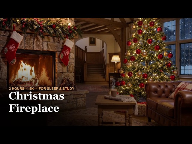 Christmas Fireplace Ambience | Crackling Fire & Snowfall for Sleep (3 Hours, 4K)