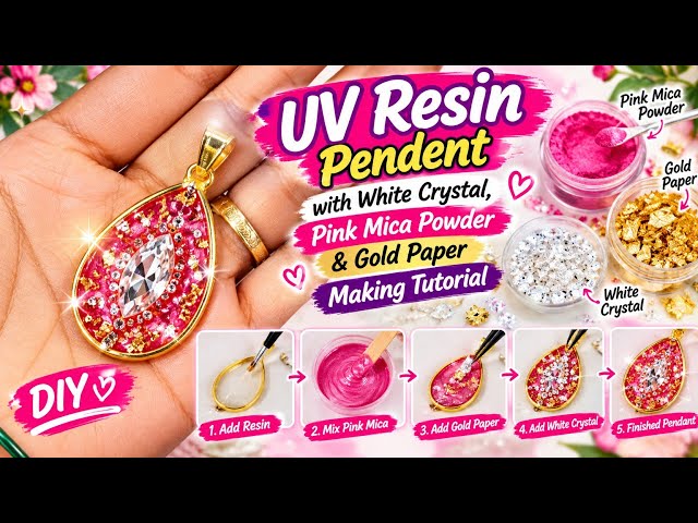 UV Resin Pendant Making Tutorial | Pink Mica Powder, Crystal & Gold Paper DIY|JyotiPrabhuCreation