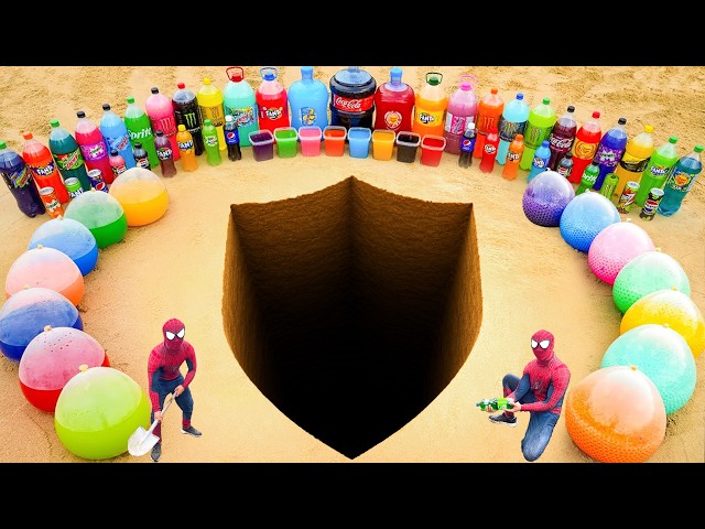 EXPERIMENT: Giant Shield pit with Big Mtn Dew, Balloons of Pepsi, Orbeez, Fanta, Coca Cola vs Mentos