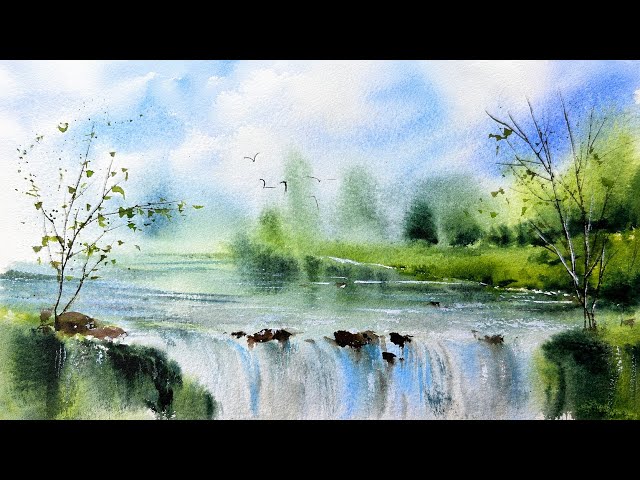 Painting a Peaceful Waterfall with Loose Watercolor Techniques /beginners tutorial 