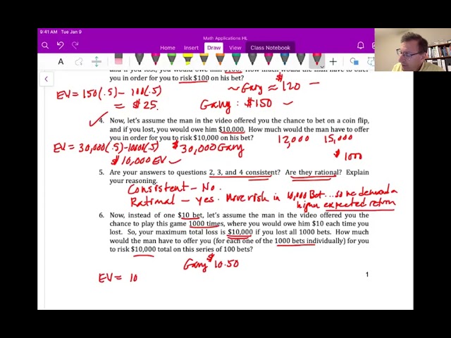 Math Analysis HL Unit 5 Video 15: Expected value & risky decisions;  Investigation 5.3(Chapter 13.1)