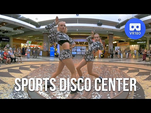 VR180 3D. Two teenage girls from Sports Disco Center dancing at a beauty pageant