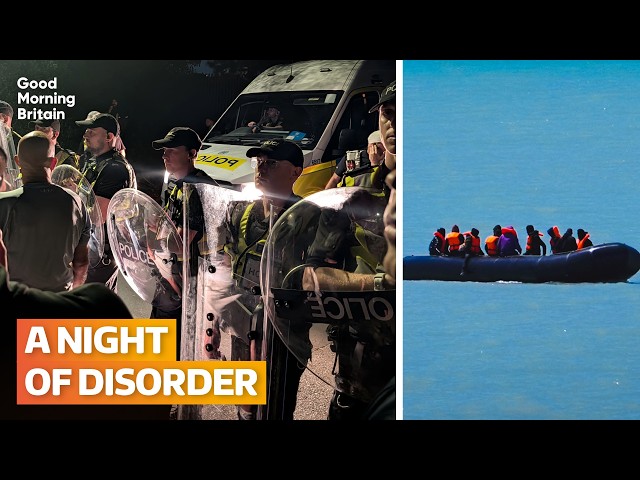 Watch as hundreds of protesters clash with police after migrant boat arrives in Portsmouth