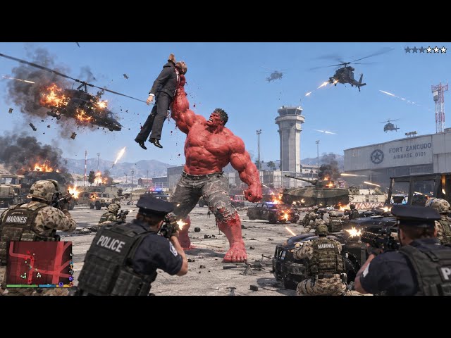 GTA 5 - Red Hulk's Airport Presidential Convoy Rampage + Ten Star Police Chase Escape [R.D.E 4.1.5]