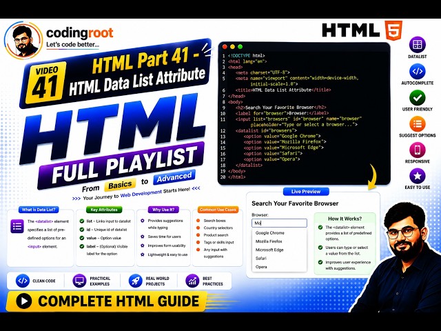 Complete HTML Tutorials for Beginners | Part-41 HTML Data List Attribute | #html #codingroot Coding