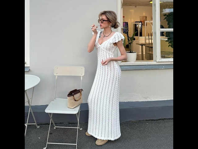 Flutter Sleeve V-Neck Openwork Maxi Dress