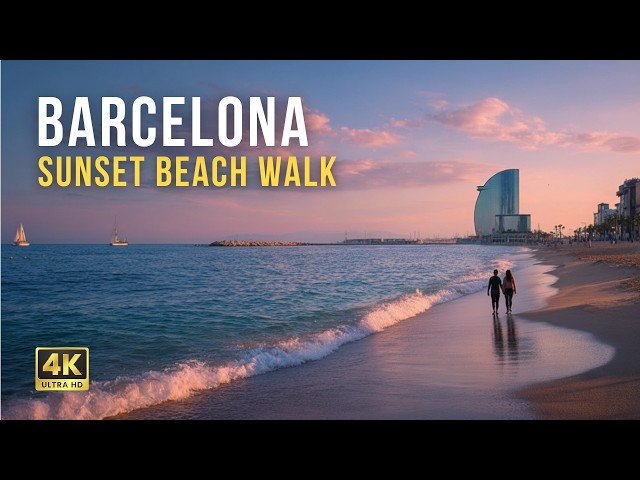 Barcelona Beach Walk 🌅 Sunset at Barceloneta | 4K Walking Tour