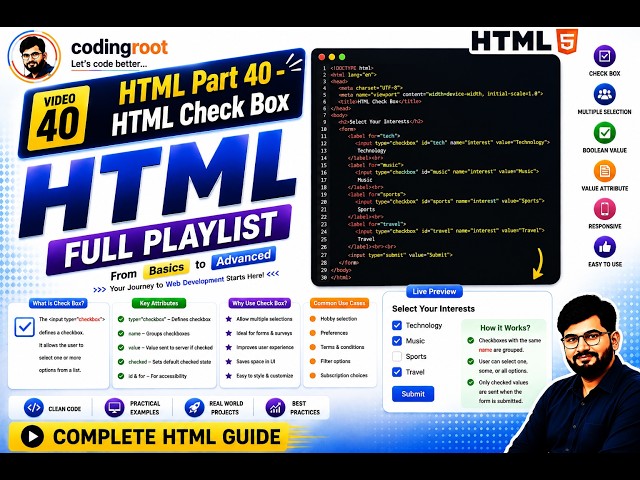 Complete HTML Tutorials for Beginners | Part-40 HTML Check Box | #html #codingroot Coding Root