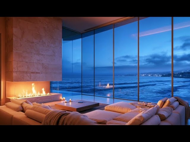 Oceanfront Fireplace 🌊🔥 | Cozy Ocean Waves & Crackling Fire