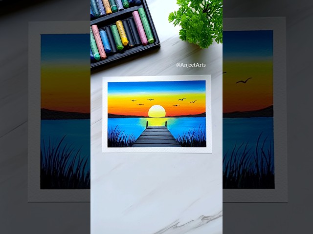 🌅 Easy Sunset Lake Scenery | Oil Pastel Drawing #beginners #tutorial #shorts