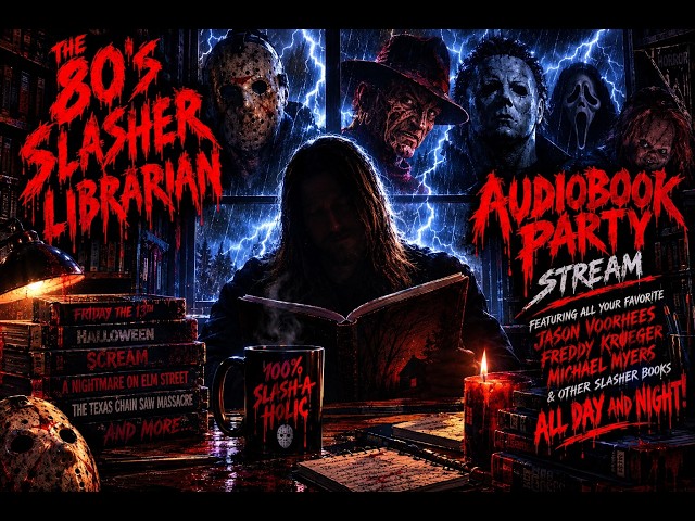 #80s #slasher #horror #audiobook Party #livestream #halloween #fridaythe13th #freddy #jason #chucky
