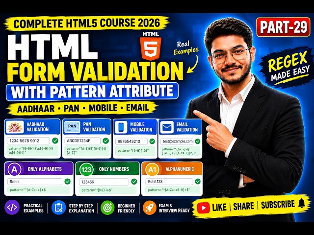 HTML Form Validation with Pattern Attribute | Aadhaar, PAN, Mobile & Email | HTML Course | Part-29