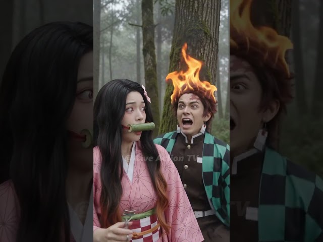 Nezuko Kamado and Tanjiro in a TikTok tutorial for curling eyelashes using fire.